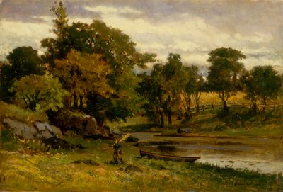 Ohne Titel Landschaft, Boot am Bach, Mann im Vordergrund von Edward Mitchell Bannister