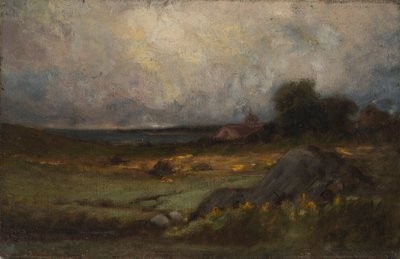 Unbetitelte Landschaft mit Felsen im Vordergrund und Dach mit Turm, See im Hintergrund, n.d. von Edward Mitchell Bannister