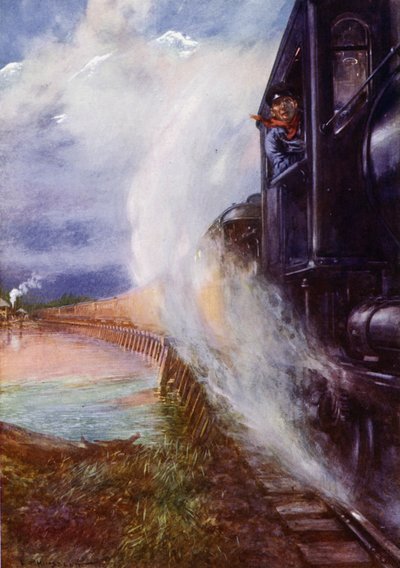 Zug fährt entlang des Skeena River auf der Grand Trunk Pacific Railway, Kanada von Edward Parick Kinsella