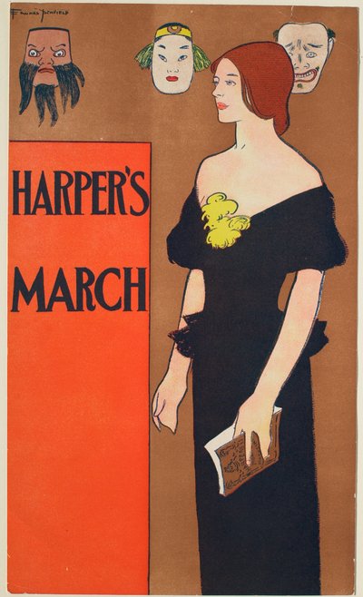 Stehendes Mädchen mit Buch, 3 Masken an der Wand, März-Ausgabe von Harper