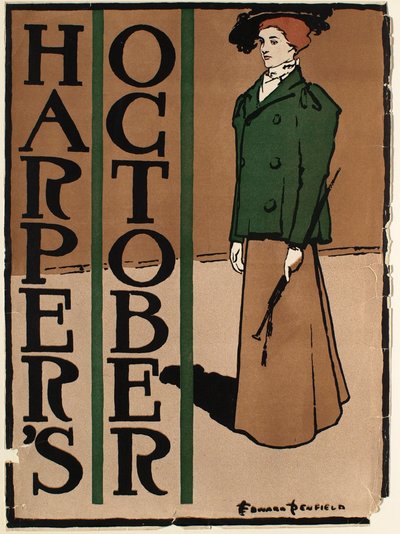 Frau in grün-braunem Kostüm, Oktober-Ausgabe von Harper