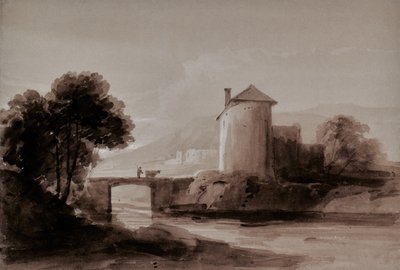 Landschaft mit Mann und Kuh auf einer Brücke von Edward Pretty