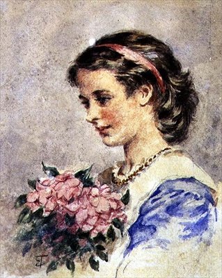 Junges Mädchen mit einem Strauß rosa Blumen von Edward Tayler