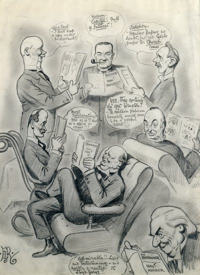 The Bystander 1000. Ausgabe, mit Lord Cave (1856-1928) Stanley Baldwin (1867-1947) Lord Salisbury (1861-1947) Herbert Asquith (1852-1928) und Winston Churchill (1874-1965) von Edward Tennyson Reed