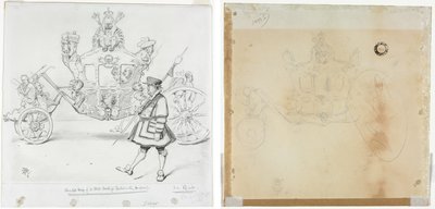 Die Postkutsche für parlamentarische Zwecke (recto) Studie für Kabine und vorderes linkes Rad der Kutsche und Studie für Kopf der gekrönten Figur, die auf der Kutsche sitzt (verso) von Edward Tennyson Reed