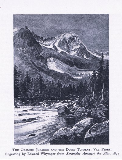Die Grand Jorasses und der Doire Torrent, Val Ferrett, aus British Adventure, veröffentlicht von Collins, 1947 von Edward Whymper