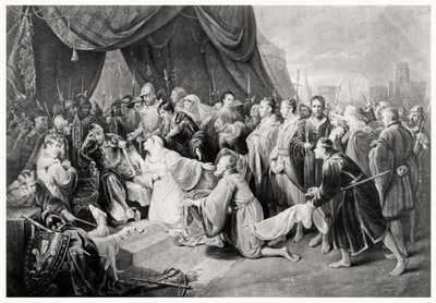 Die Kapitulation von Calais, 4. August 1347, graviert von John Young von Edward after Bird
