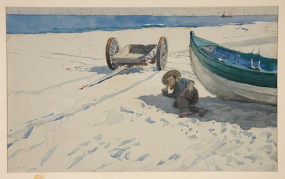 Strandszene mit Mann im Schatten eines Bootes ruhend von Edwin Austin Abbey