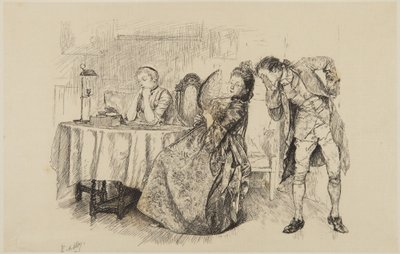 Illustration zu Goldsmiths "She Stoops to Conquer": "Warum sagst du es ihr nicht gleich?" von Edwin Austin Abbey