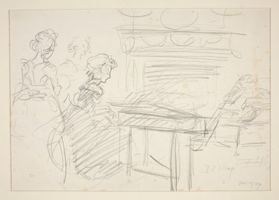Innenszene: Frau am Klavier und Familie - nicht identifizierte Illustration von Edwin Austin Abbey