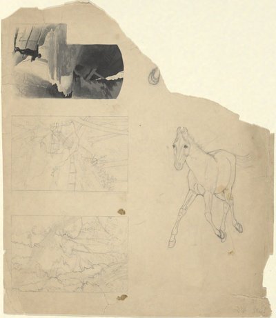 Blatt mit Studien, drei von einem Wasserfall, eine von einem Fohlen von Edwin Austin Abbey