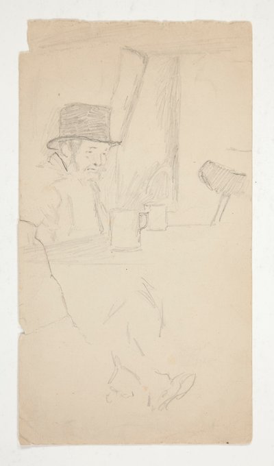 Skizze eines verkrüppelten Mannes, der an einem Tisch in einer Bar sitzt von Edwin Austin Abbey