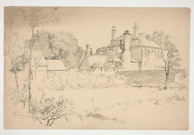 Skizze eines Äußeren: Garten, Mauer und großes viktorianisches Haus von Edwin Austin Abbey
