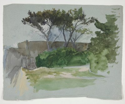 Studie einer Landschaft mit Bäumen und Steinmauer von Edwin Austin Abbey