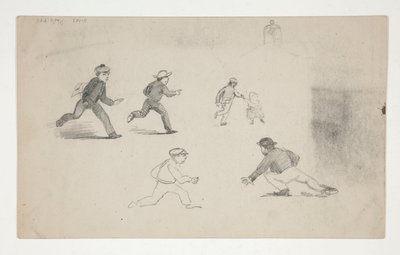 Drei Studien (Männer mit Pferden, Kopfstudie) (recto); Sechs Studien von laufenden Figuren, Studie eines Glockenturms (verso) von Edwin Austin Abbey