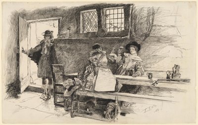 "Will führte sie zum Wein," Illustration zu "Phillada Flouts Me" von Edwin Austin Abbey