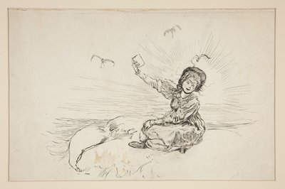 Frau am Strand mit Buch, Skizze für Das Lied des Hummers von Edwin Austin Abbey