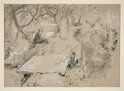 Frau sitzt auf einer Bank in einem Garten oder öffentlichen Park - nicht identifizierte Illustration von Edwin Austin Abbey