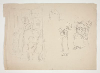 Frau mit Kindern und Karikatur - nicht identifizierte Illustration von Edwin Austin Abbey