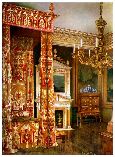 Bett von Königin Anne, Kommode auf einem Ständer und ein hölzerner Kandelaber, 1910 von Edwin Foley