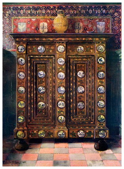 Walnuss-Kas mit eingelegten und bemalten Medaillons aus Delfter Ware, 1910 von Edwin Foley