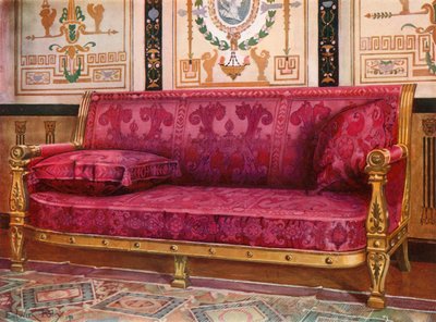 Geschnitztes vergoldetes Sofa mit Rosenbrokat aus Lyon bezogen von Edwin John Foley