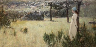 Die junge Schäferin und ihre Ziege auf einer Frühlingsweide von Edwin Sherwood Calvert