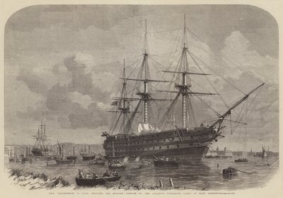 HMS Agamemnon, 91 Kanonen, das englische Teil des atlantischen Unterseekabels in East Greenwich verladen von Edwin Weedon