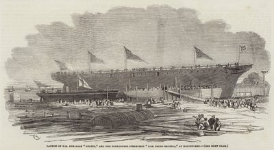 Stapellauf der HM-Kanonenboot Pelter und des portugiesischen Dampfschiffs Dom Pedro Secondo in Northfleet von Edwin Weedon
