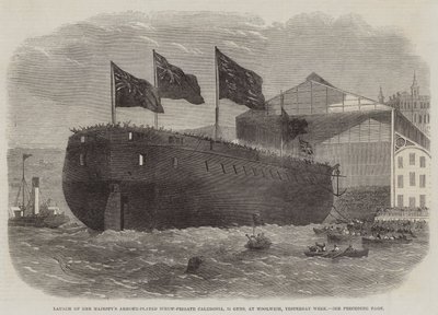 Stapellauf der gepanzerten Schraubenfregatte Ihrer Majestät Caledonia, 31 Kanonen, in Woolwich, letzte Woche von Edwin Weedon