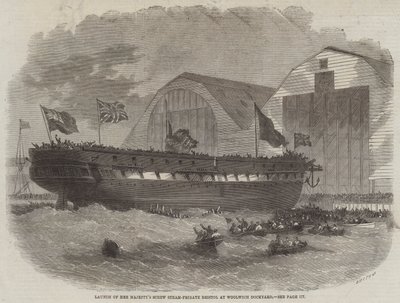 Stapellauf der Schraubendampffregatte Ihrer Majestät Bristol in der Werft von Woolwich von Edwin Weedon