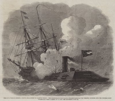 Der Bürgerkrieg in Amerika, Seeschlacht in Hampton Roads, der konföderierte eisenbeschlagene Dampfer Merrimac (oder Virginia) rammt die Bundes-Sloop Cumberland von Edwin Weedon
