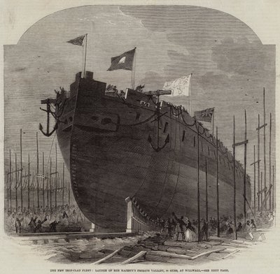 Die neue gepanzerte Flotte, Stapellauf der Fregatte Ihrer Majestät Valiant, 34 Kanonen, in Millwall von Edwin Weedon