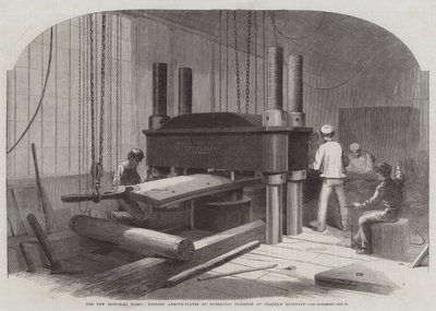 Die neue gepanzerte Flotte, Biegen von Panzerplatten durch hydraulischen Druck in der Werft von Chatham von Edwin Weedon