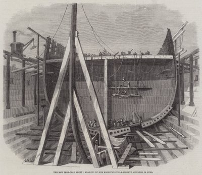 Die neue gepanzerte Flotte, Rahmung der Dampffregatte Ihrer Majestät Achilles, 50 Kanonen von Edwin Weedon