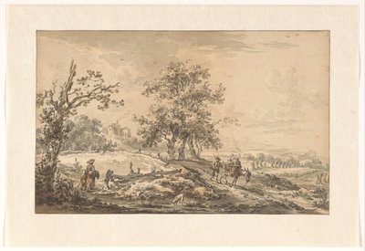 Frau mit Kind und Mann mit Esel in Landschaft von Egbert van Drielst