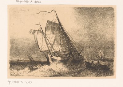 Segelschiffe und ein Ruderboot auf unruhiger See von Egidius Linnig