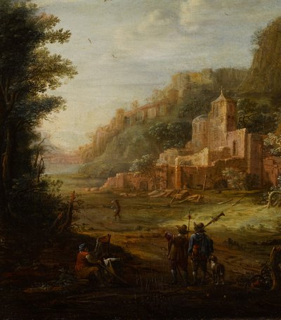 Waldlandschaft mit zwei Jägern am Eingang zu einem Tal von Eglon van der Neer