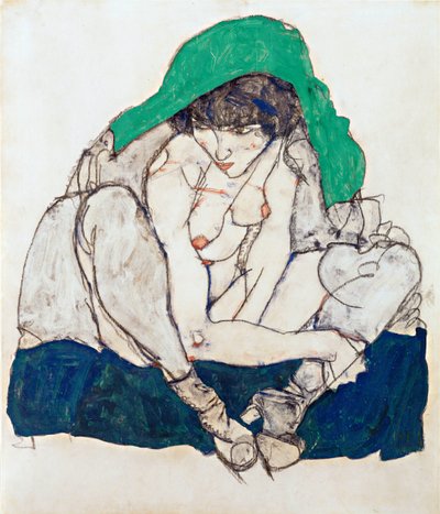 Kauernde Frau mit grünem Kopftuch von Egon Schiele
