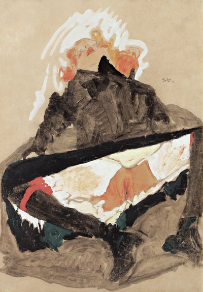 Mädchen im schwarzen Kleid mit gespreizten Beinen, 1910 von Egon Schiele
