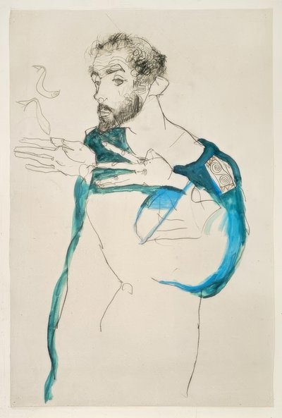 Gustav Klimt in seinem blauen Arbeitssmock von Egon Schiele