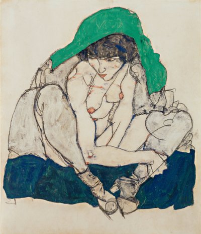 Kauernde mit grünem Kopftuch von Egon Schiele