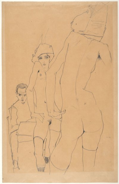 Schiele mit nacktem Modell vor dem Spiegel von Egon Schiele