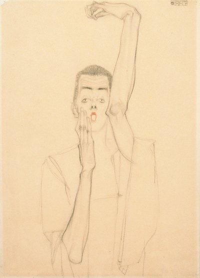 Selbstporträt mit erhobenem Arm und rotem Mund von Egon Schiele