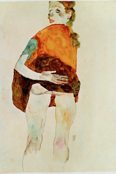 Stehendes Mädchen mit gehobenem Rock von Egon Schiele