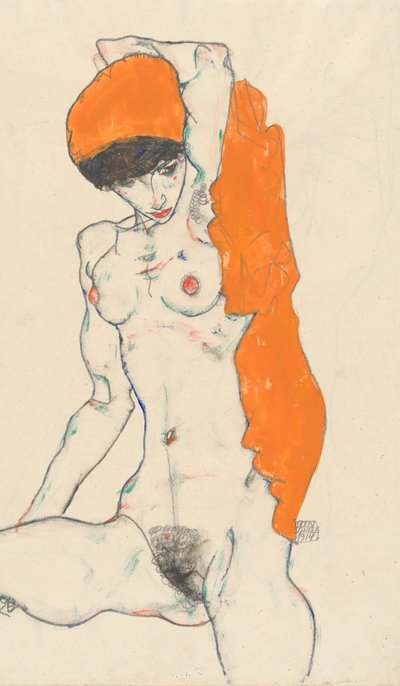 Stehender Akt mit orangefarbener Draperie recto: Studie eines Aktes mit erhobenen Armen verso, 1914 von Egon Schiele