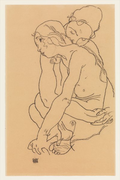 Frau und Mädchen, die sich umarmen von Egon Schiele