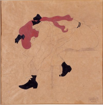 Junges Mädchen mit schwarzem Band im roten Haar, zieht ihre Schuhe an, 1909 von Egon Schiele