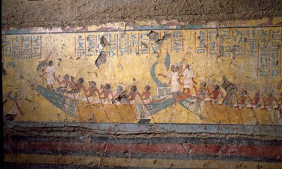 Ägyptische Antiquität: Fresko aus dem Grab des Malers Maia, Pilgerfahrt per Boot in Abydos, Zitat von Osiris. 18. Dynastie. Aus der Kapelle von Maia, Deir el-Medineh, Neues Reich von Egyptian 18th Dynasty