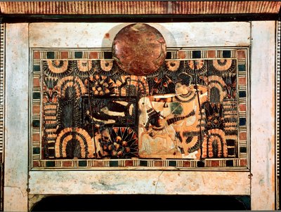 Ägyptische Antiquität: kleine Holzkiste mit Elfenbeinintarsien, die die Jagdpartien des Pharaos Tutanchamun darstellen. 18. Dynastie. Aus dem Grab von Tutanchamun. Tal der Könige. Theben Kairo, Ägyptisches Museum von Egyptian 18th Dynasty